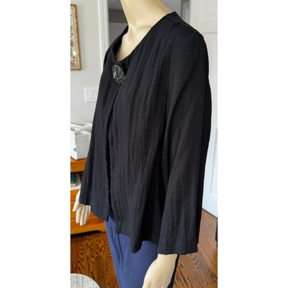 Yushi Womens Black Textured Single Button Open Front Jacket Lagenlook Minimalist